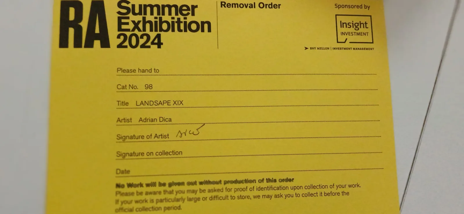 Removal Order oficial de la Royal Academy Summer Exhibition 2024 pentru lucrarea „LANDSCAPE XIX" a lui Adrian Dică — documentul de ridicare pe care artiștii îl trec cu ușurință cu vederea până la închiderea expoziției