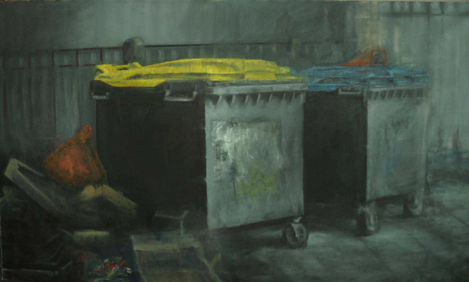 Garbage II — Adrian Dică, mixed media on canvas, 93×150 cm, 2014. Three dumpsters with yellow and blue lids in a dark urban alley, from the Garbage series.