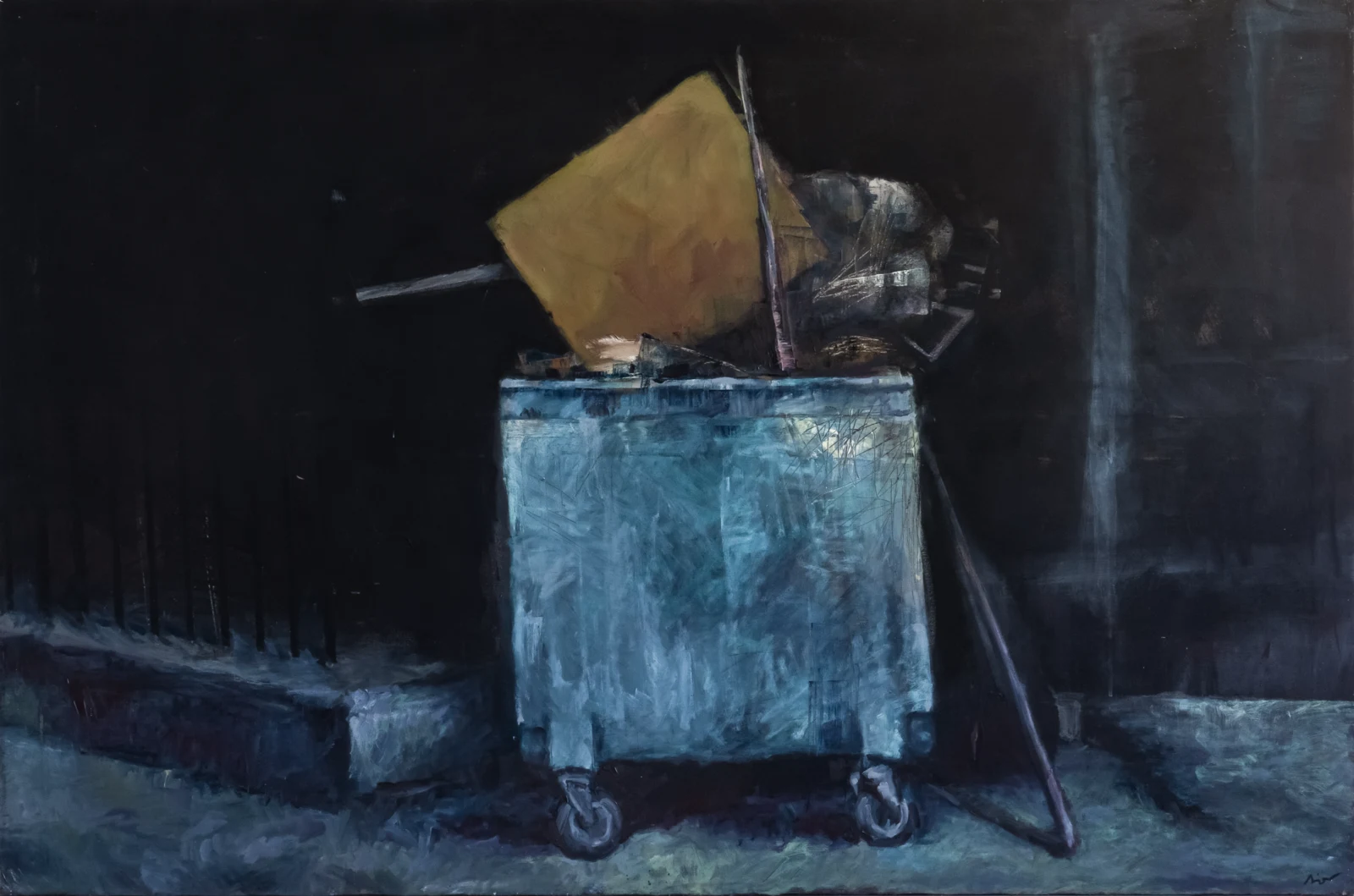 A painting from the Urban Puzzle period, oil on canvas, 150 × 100 cm — a dumpster photographed at night, rendered in a cool, bluish palette