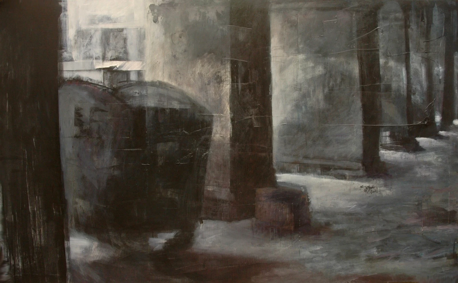 Garbage Columns, mixed media on canvas, 150 × 93 cm, from the Urban Puzzle series (2014) — a dumpster caught among the columns of an urban building