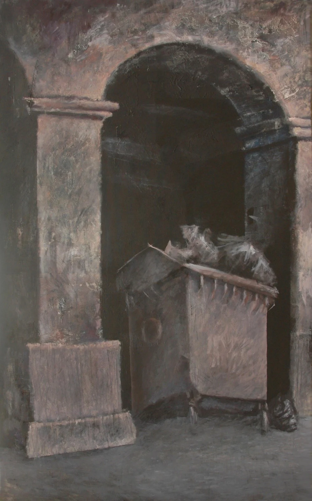 Garbage in the Street, mixed media on canvas, 150 × 93 cm, from the Urban Puzzle series (2014) — a dumpster caught inside a vaulted passageway, at the border between architecture and abandonment