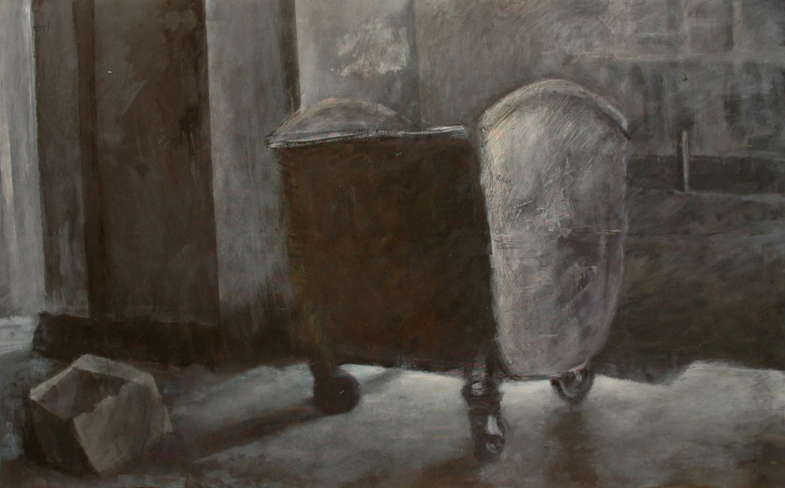 Ghetto Garbage, mixed media on canvas, 150 × 93 cm, from the Urban Puzzle series (2014) — two dumpsters set against a weathered wall