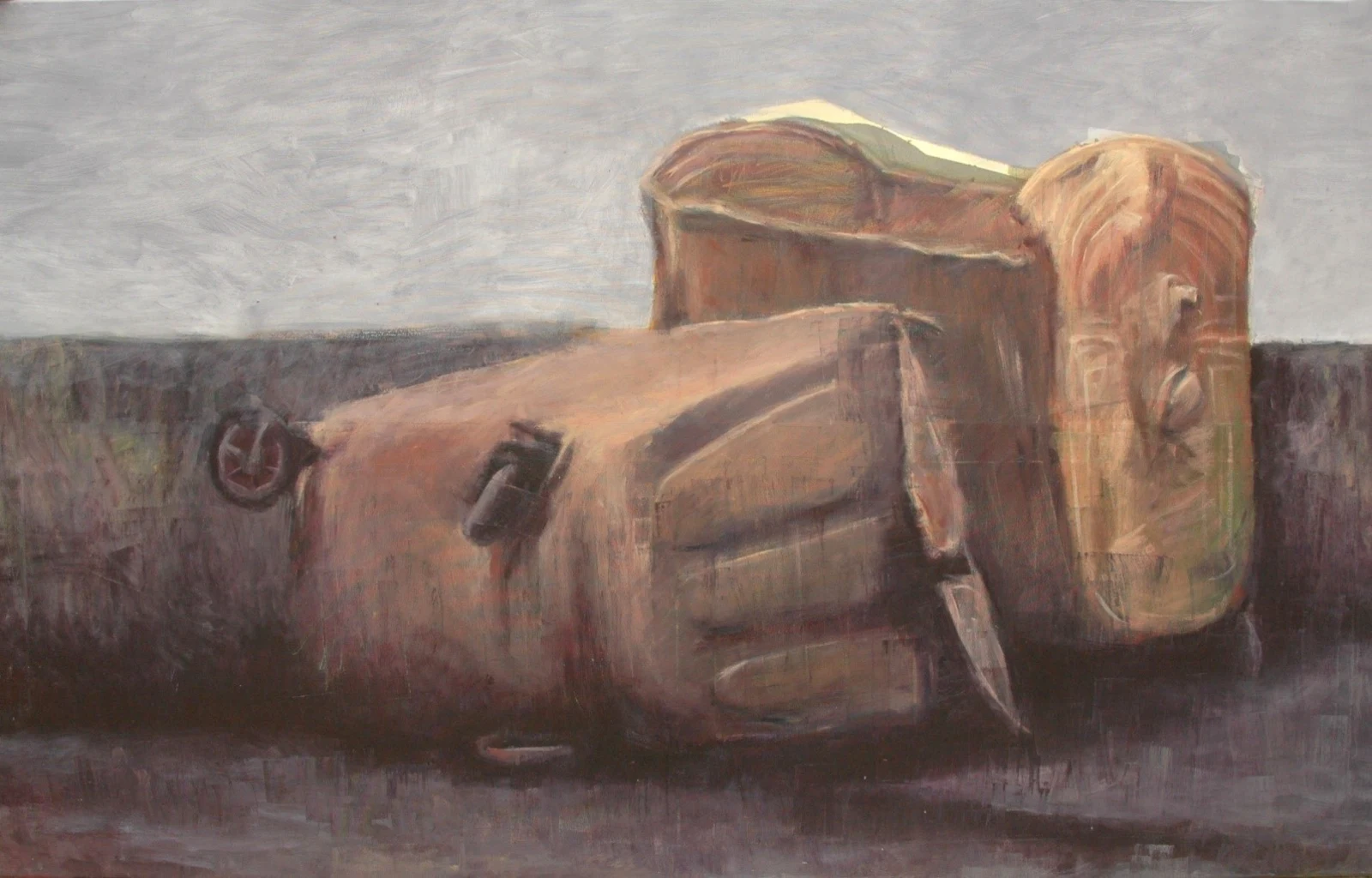 Golden Garbage, mixed media on canvas, 150 × 93 cm, from the Urban Puzzle series (2014) — overturned bins rendered in a warm, golden palette
