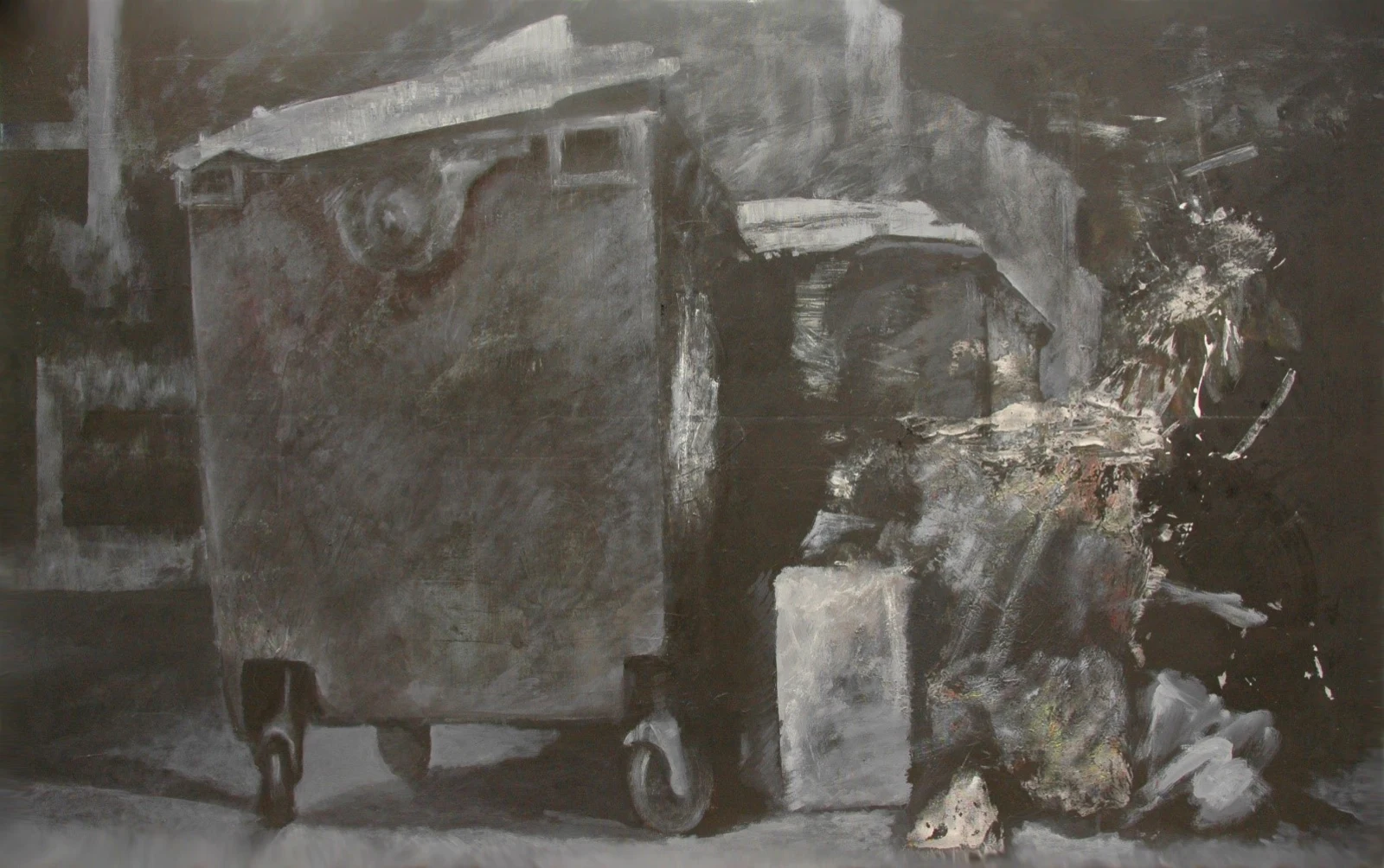 Night Recycle Bin, mixed media on canvas, 93 × 150 cm, from the Urban Puzzle series (2014) — a recycling bin photographed and painted at night