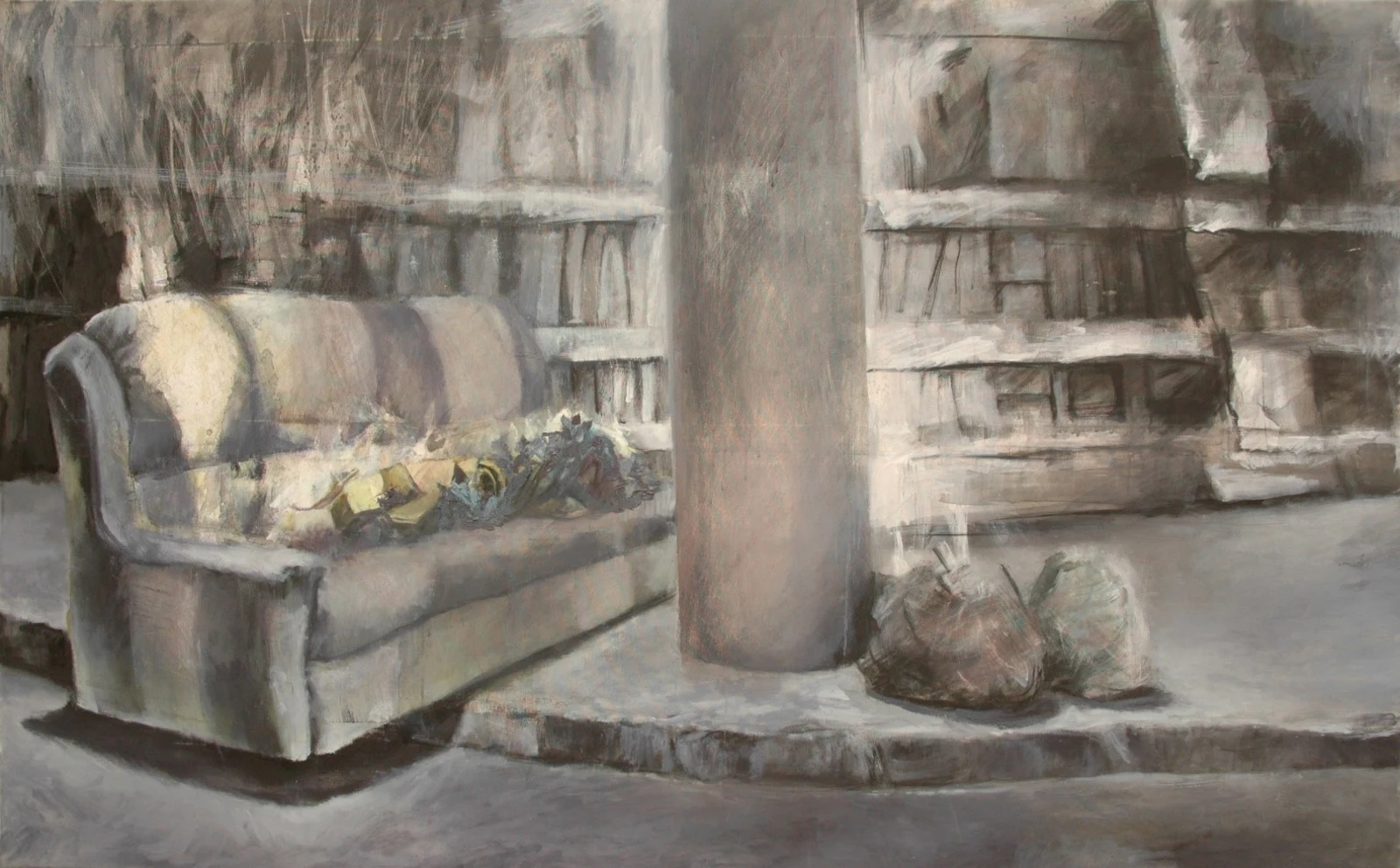 Sofa Garbage, mixed media on canvas, 150 × 93 cm, from the Urban Puzzle series (2014) — an abandoned sofa on the pavement, next to bags of rubbish