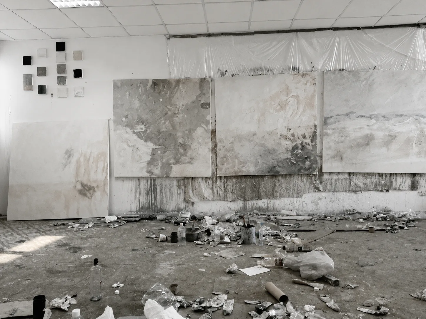Patru picturi abstracte în lucru pe peretele atelierului, alături de un rând de mici probe de culoare, ilustrând cercetarea limbajului pictural pur din spatele peisajelor postindustriale