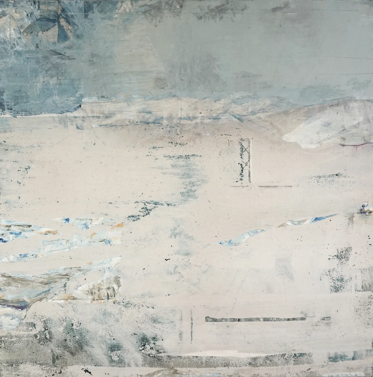 Industrial Landscapes — Armaghedon, mixed media on canvas, 150×150 cm. Dense layered surface in dark earth tones and grey, post-industrial ruin, Adrian Dică.
