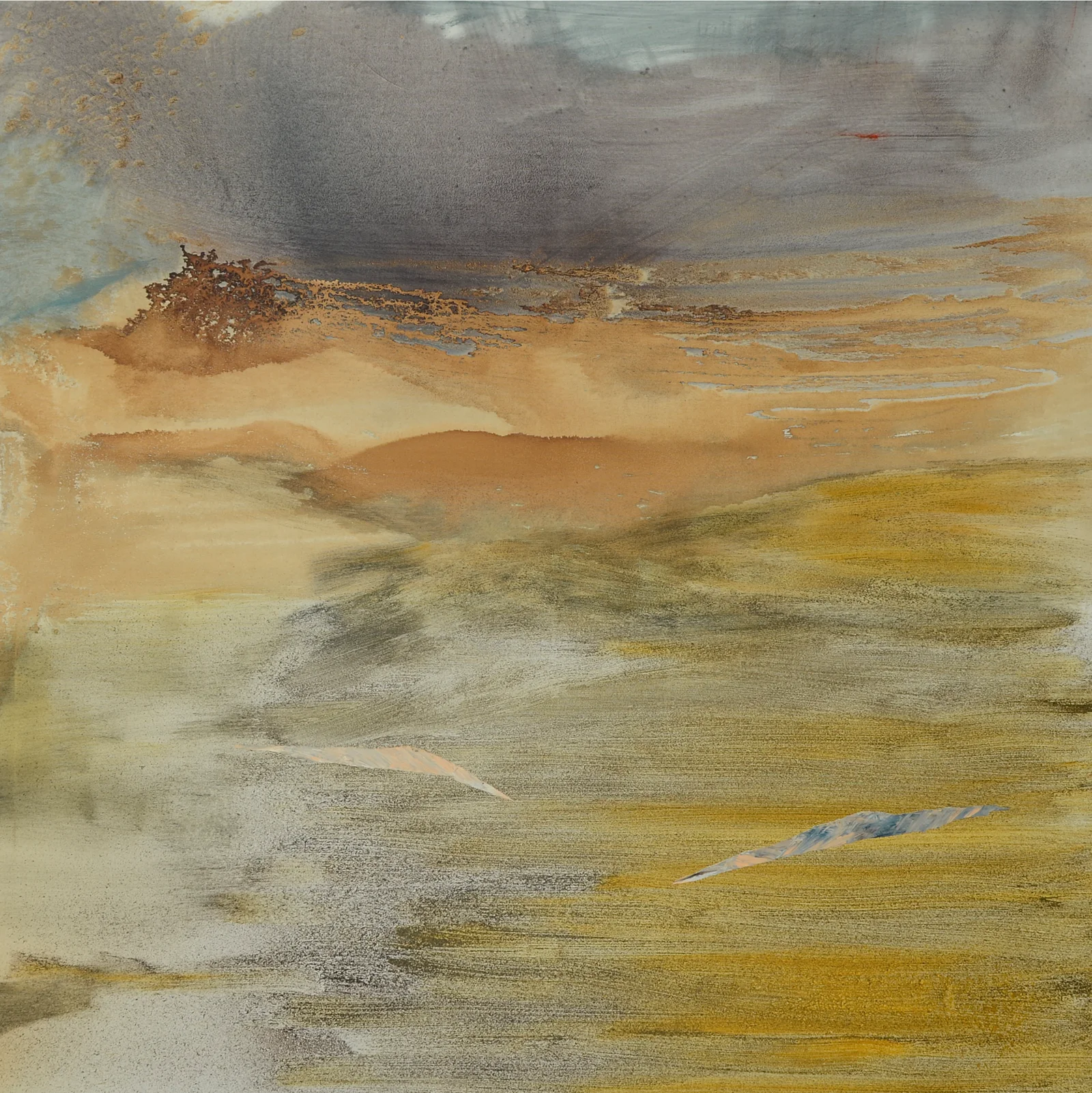 Industrial Landscapes — Field R, 150×150 cm. Layered tonal surface with traces of raw structure and open sky, Adrian Dică.