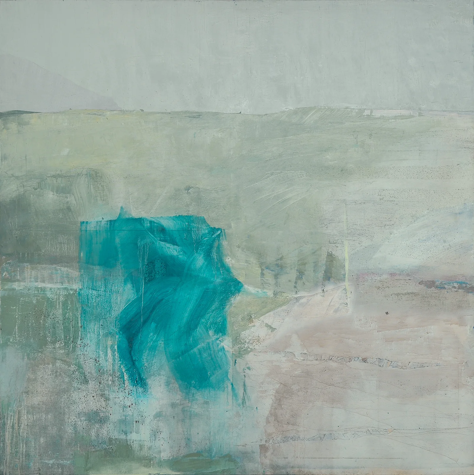 Industrial Landscapes — Blue Deviation Landscape, mixed media on canvas, 150×150 cm. Green and ochre layered surface evoking a post-industrial field, Adrian Dică.