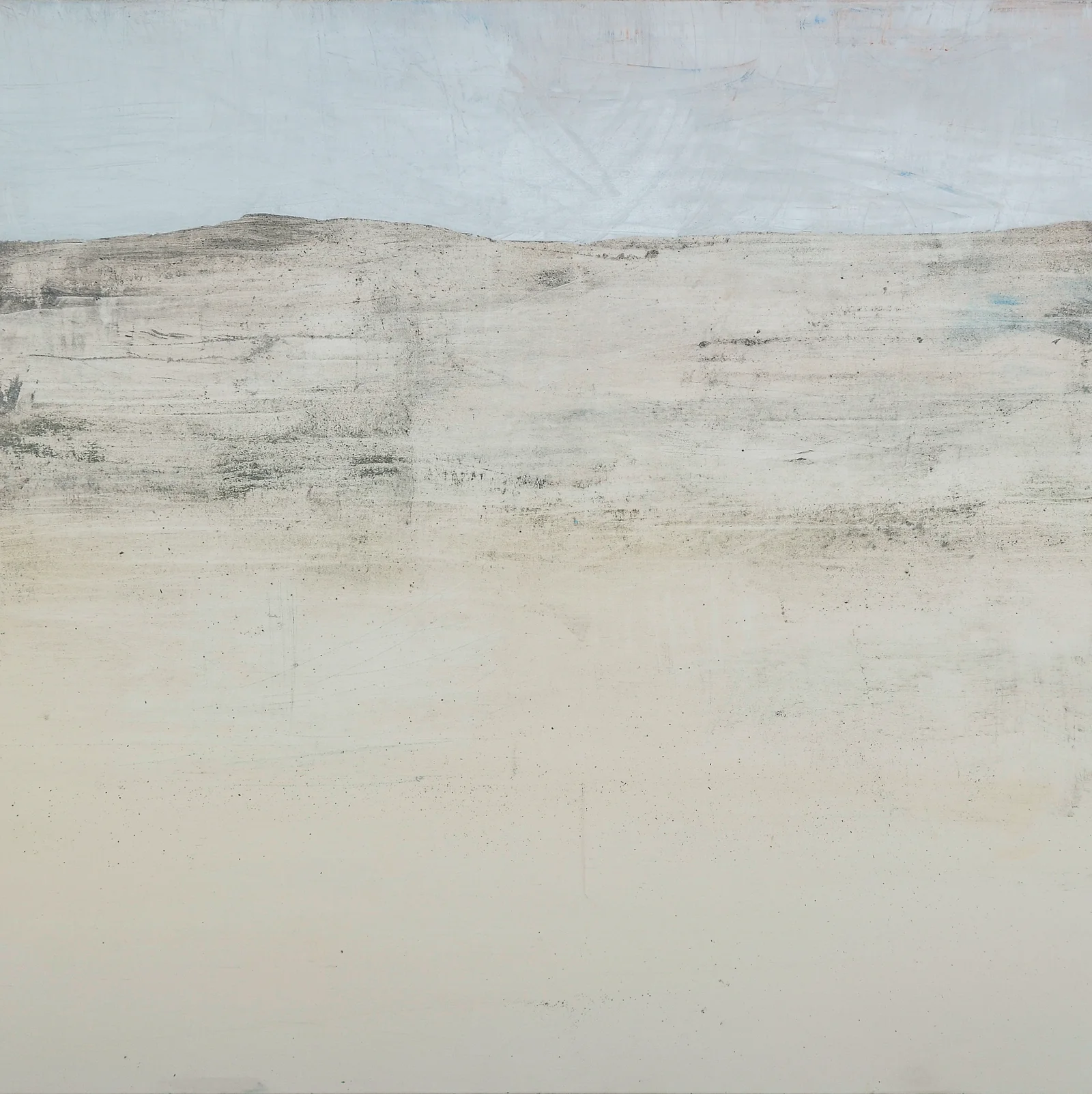 Industrial Landscapes — Landsape XIX, 150×150 cm. Dense layered surface in grey and earth tones, post-industrial field dissolving toward abstraction, Adrian Dică.