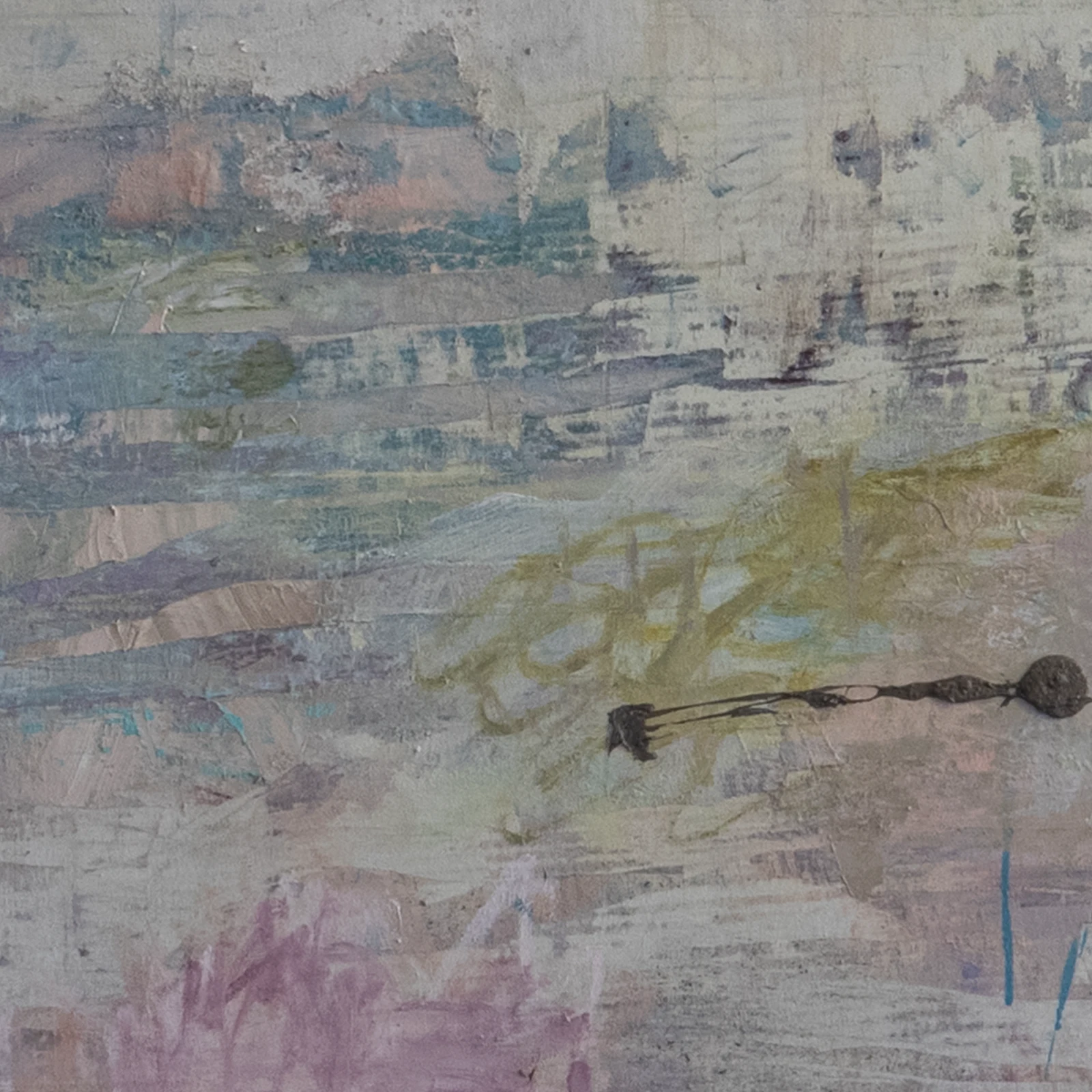 Intermezzo — Landscape XXV, mixed media on canvas, 150×150 cm. Pale blue sky over a luminous, layered plain — diffuse pastel palette with subtle industrial traces, Adrian Dică.