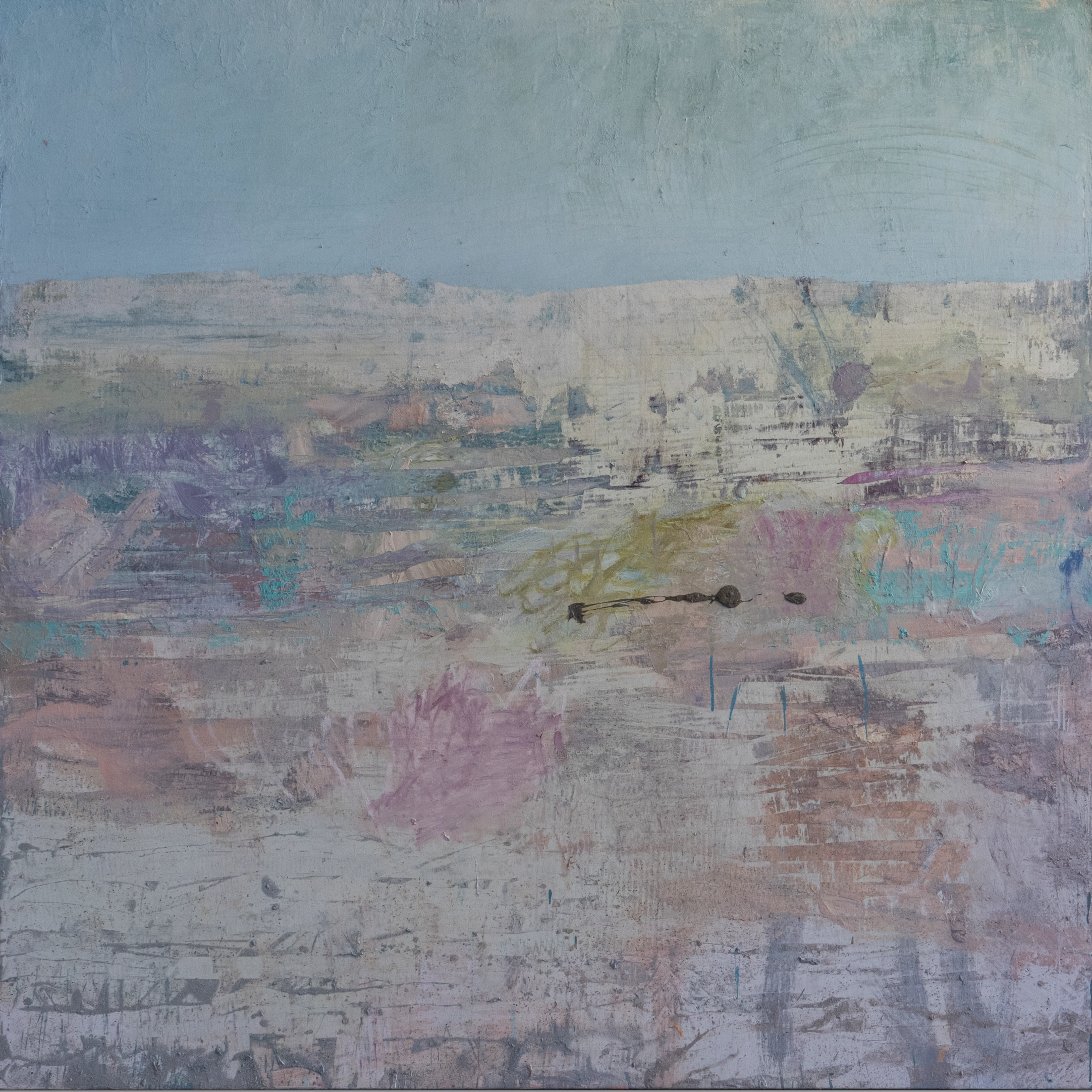 Intermezzo — Landscape XXV, 150×150 cm, mixed media on canvas. Pale blue sky over a luminous, layered plain — diffuse pastel palette, soft purples and pinks, subtle industrial traces, Adrian Dică.