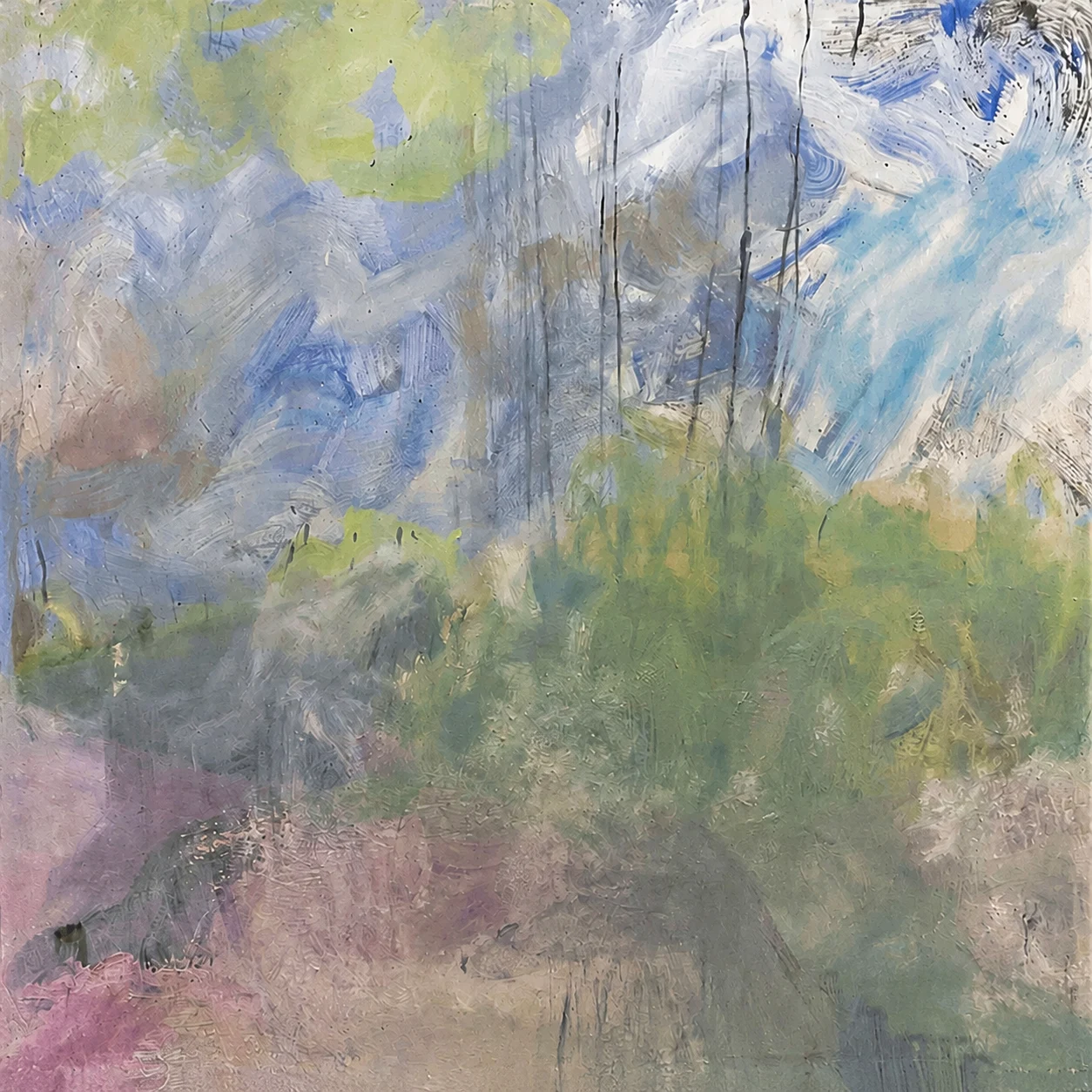 Intermezzo — Rain, 150×150 cm, mixed media on canvas. Pale layered ground with gestural vertical strokes — an abstracted rainfall dissolving the horizon, Adrian Dică.