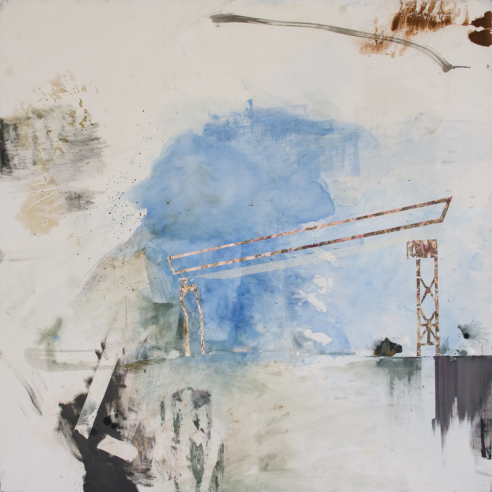Preapocaliptic 2 — Adrian Dică, mixed media on canvas, 150×150 cm, 2016. Blue watercolour wash over white ground with industrial crane structures in rust and ochre.