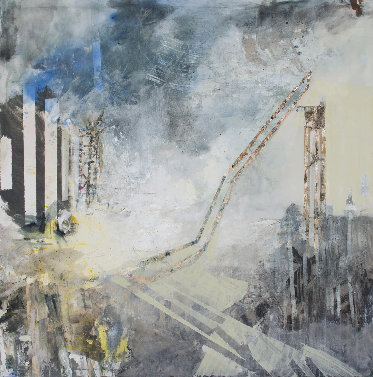 Preapocaliptic 4 — Adrian Dică, mixed media on canvas, 150×150 cm, 2016. Industrial ruins in grey and white with yellow accents.