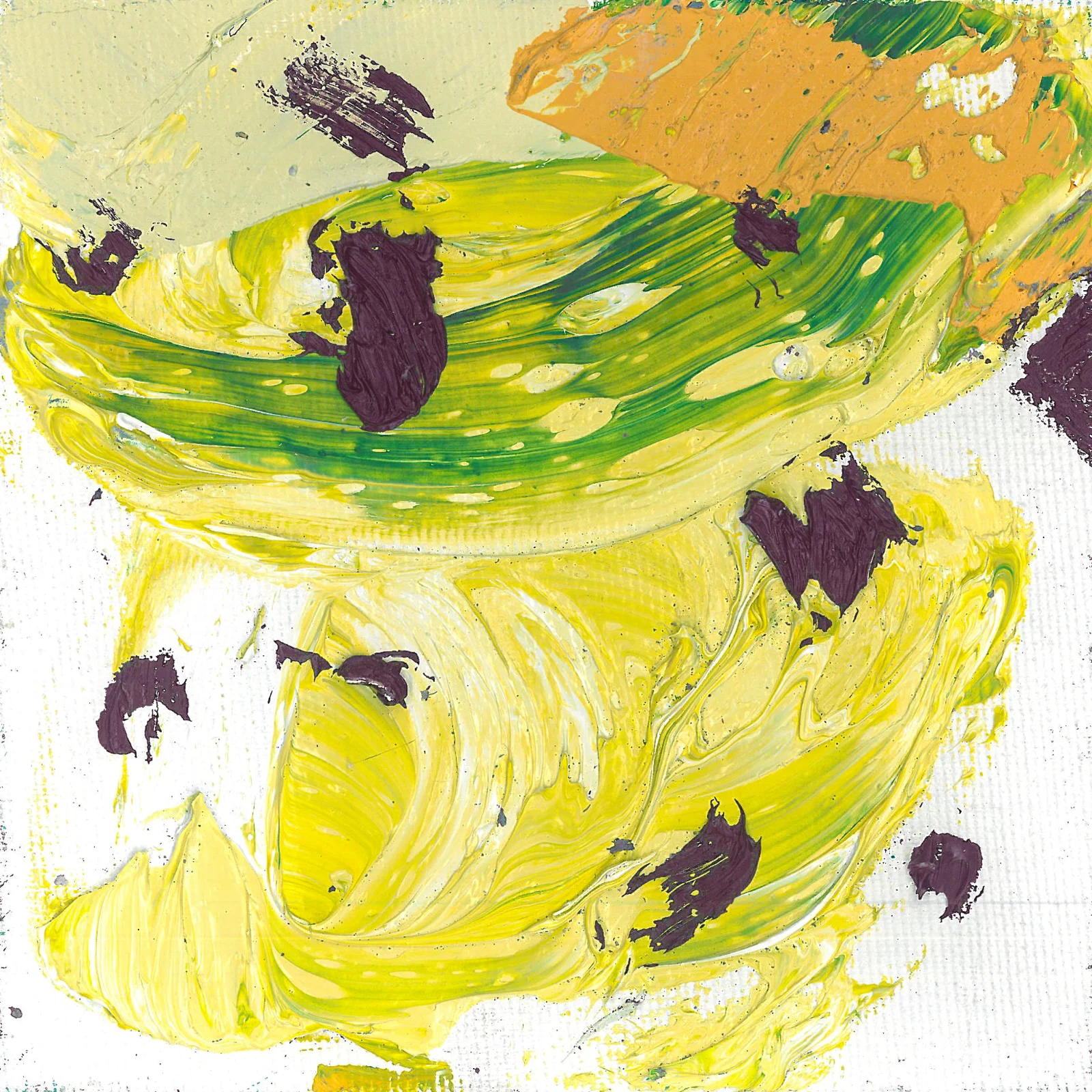 Detail of a small-format Seeds painting by Adrian Dică, thick swirling yellow and green impasto with dark accents