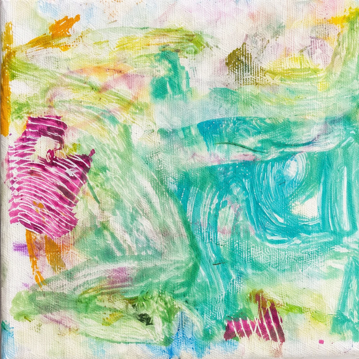 Seeds — Seedos 7, 15×15 cm, mixed media on canvas. Broad turquoise and green gestures with magenta striped forms and ochre accents over a pale ground, Adrian Dică.