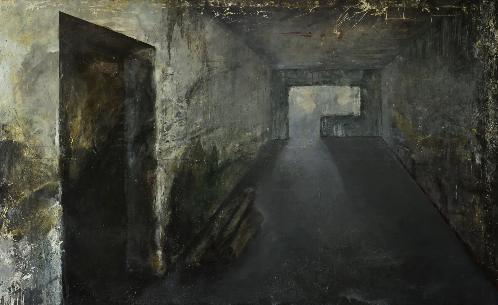 Wasted — Room 4, oil on canvas, 111×180 cm. Dark corridor receding toward a single arch of light, chiaroscuro composition, Adrian Dică.